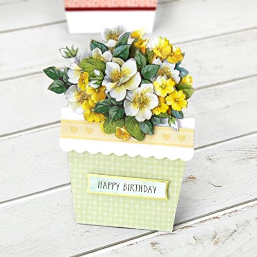 Katy Sue Flower Patch Pots Card Making Kit. 8 Cards, 8 Envelopes, 3 Sheets of Floral Die-Cut Decoupage, Adhesive Pads, & 2 Sheets of Birthday Sentiments Banners for Card Making Supplies