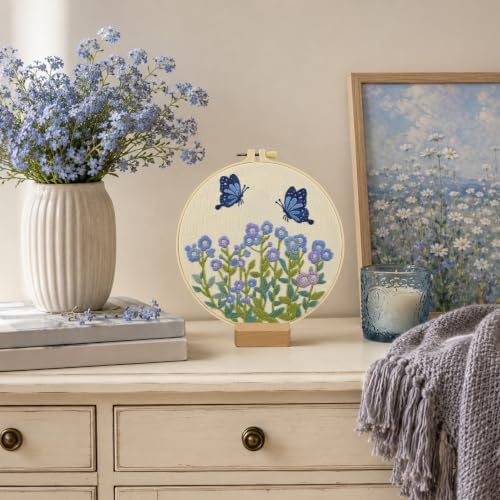 ElasignShopo Flower Embroidery Kit for Beginners Adults, Easy Cross Stitch Kit Forget Me Not Floral Pattern Embroidery Starter Kits Spring Summer with Wooden Hoop Needles Threads and Instruction