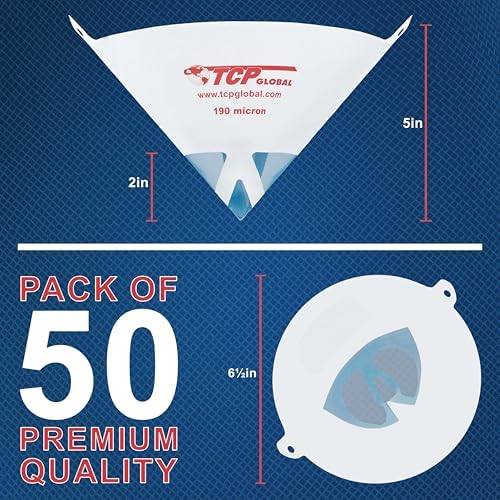 TCP Global - 190 Micron Filter Tips Ultra-Fine Paint Strainer (50 Pack) | Pure Blue Nylon Mesh Cone Strainer - Paint Filter Cones for Auto, House & Hobby