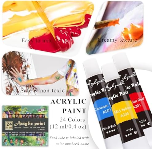 LEYEDZ Acrylic Paint Set for Kids & Adults,Art Supplies Kit with Canvas | 24 Acrylic Paints,8 Brushes,5 Canvas Panels,Palette,Cup & Towel,Foldable Adjustable Table Easel for School Travel