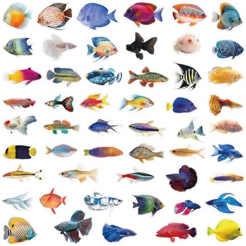 50 Pcs PET Transparent Fish Stickers, Waterproof Vinyl Colorful Tropical Fish Decals for Laptop Skateboard Luggage, Vivid Aquatic Creature Stickers Gift for Kids Teens Adults（Fish