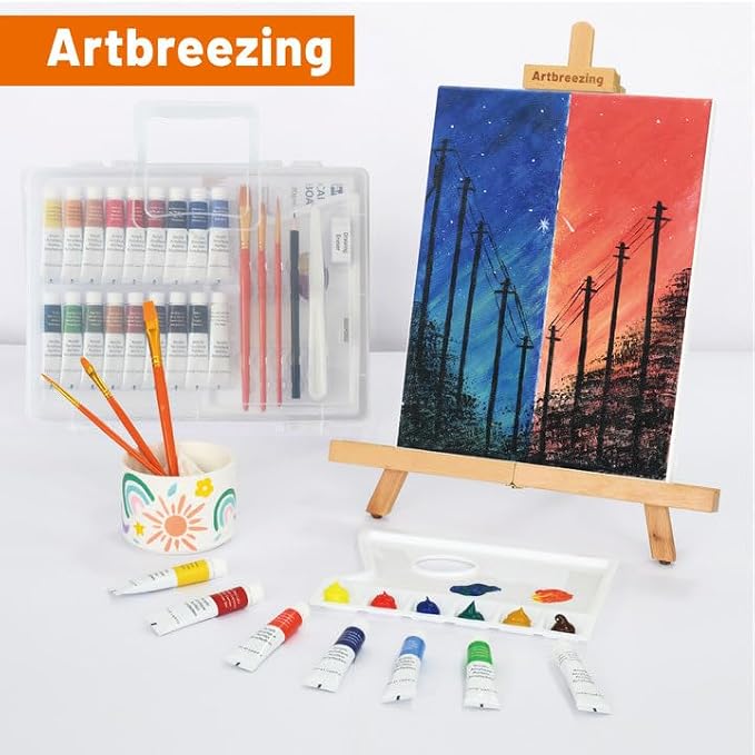 Artbreezing Acrylic Painting Kit with Art Easel,All-in-One Art Supplies | 31PC Painting Supplies with Canvas,Tabletop Easel for Painting,Brushes etc.Ideal Giftable Holiday Set for Kids and Adults.