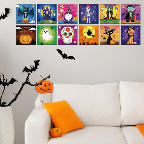 Anseal 12 Packs Pre Drawn Canvas to Paint, 4" X 4" Halloween Pre-Printed Paint Party for Painting, Pre Stretched Canvas Outline Painting Boards for Paint Lovers, Party Favor