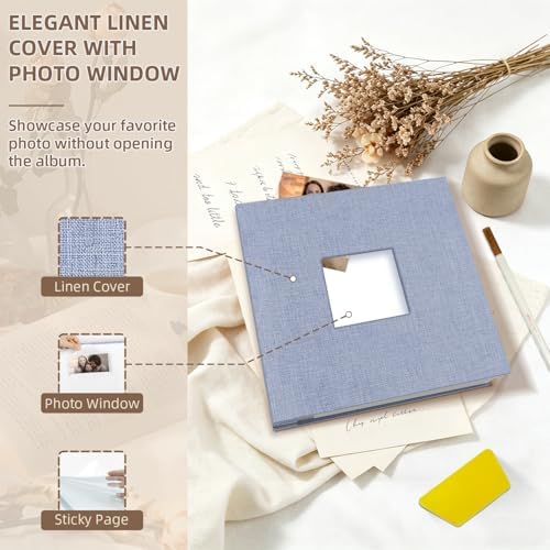 Popotop Photo Album Self Adhesive with Picture Display Window,40 Pages DIY Scrapbooking Supplies Kit for 4x6 8x10 Picture,Linen Cover Memory Book for Baby Wedding, with Scraper and Metallic Pen