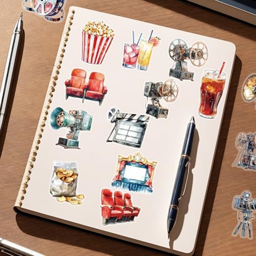 50 Pcs Vintage Movie Projector Stickers Clear Film Camera Retro Cinema Aesthetic Scrapbook Decals Waterproof PET Stickers for Journals Laptops Notebooks Art Crafts