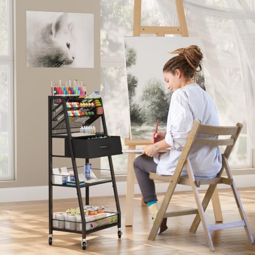Homsorout 3 Tier Rolling Cart - Metal Utility Cart with Storage Drawer and Wheels, Versatile Art & Craft Organizer for Home, Office, or Studio - Ideal for Storing Brushes, Paints, and Supplies（Black）