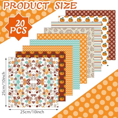 HunnmingRe 20 Pcs 10''x10'' Fall Quilting Fabric Square Autumn Pumpkin Precuts Quilted Fabric Bundle Thanksgiving Maple Polka Dot Stripes Printed Sewing Material for Patchwork DIY Craft Supplies