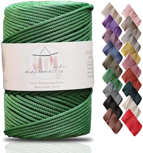 Makromecity, Premium Polyester Macrame Cord 3mm x 131 Yards (394 feet) 3mm Polypropylene Benetton Grren Macrame Cord Crochet Macrame Bag Cord Crafts for Wall Hangings, Bags, Underplate