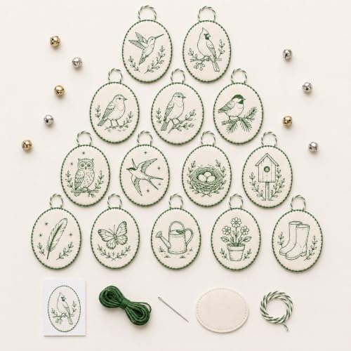 Beginner-Friendly DIY Heirloom Oval Embroidery Ornament Kit Collection, Christmas Embroidery Kit, Threads & Tools, Complete Craft Kits for Adults, Xmas Tree Hanging Decor (Birds)