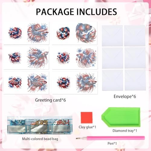 6-Piece 5D Diamond Art Greeting Card Kit with Envelopes, USA Independence Day Goldfish Design, DIY Special Shape Diamond Painting Greeting Cards for Adults, Handmade Card Craft Holiday Gift, 30x15cm
