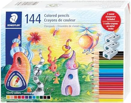 Staedtler Colored Pencils, Triangular Barrel, Classpack 144 Pencils, 12 Colors, + 3 Pencil Sharpeners
