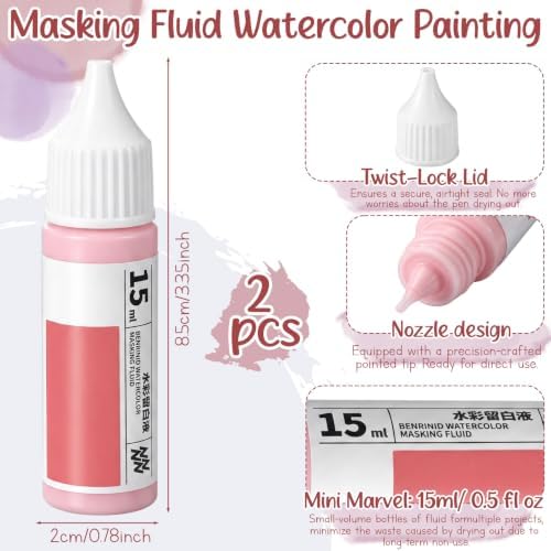 Feifeiya 2 Pcs Masking Fluid for Watercolor Painting, 15ml Capacity, Pink