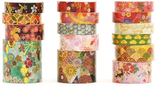 15 Rolls Japanese Sakura Washi Tape Set, Traditional Kimono Decorative Masking Tapes with Gold Foil, Cherry Blossom Arts for Craft, Scrapbook, DIY, Gift Wrapping (1-Sakura Court Splendor)