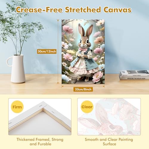 Bowetile Framed Paint by Numbers Easter Kit for Adults, Adults' Paint-by-Number Bunny Kits on Canvas, Painting by Numbers Rabbit, DIY Acrylic Number Painting for Home Wall Decor, 8x12in