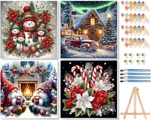 4 Pack Christmas Paint by Numbers Kit for Adults with Framed,Snowman Gnome Candy Cane Paint by Number with Wooden Easel DIY House Truck Christmas Tree Adult Paint by Number Kits for Wall Decor10x10in