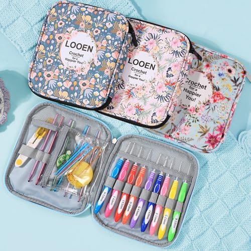 Crochet Hook Case,Portable Zipper Storage Organizer Bag for Crochet Hooks, Knitting Needles, Project & Sewing Supplies, Lightweight,Easy to Hold (No Accessories Included).Blue Summer Flower