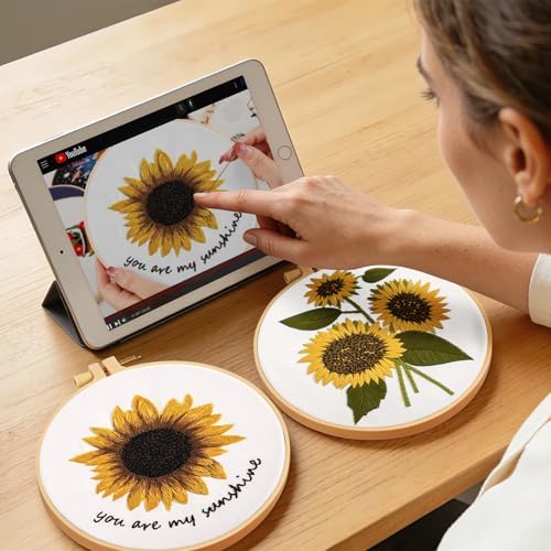 Sunflower Embroidery Kits for Beginners Adults, Floral Hand Embroidery Set Needlepoint Kits, Stamped Cross Stitch Kits for Beginners Adults, 2 Embroidery Hoops, Fabric, Thread(Attached Video Tutorial)