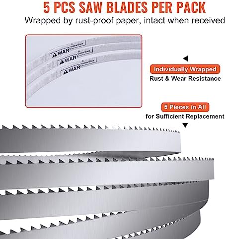 VEVOR Band Saw Blade, 65x0.6x0.02 inch, 5 PCS/Pack Meat Bandsaw Blades for Replacement, 65Mn Carbon Steel Blade, 3 TPI Meat Cutting Blade Wrapped by Rust-Proof Paper, for Commercial Bone Saw Machines