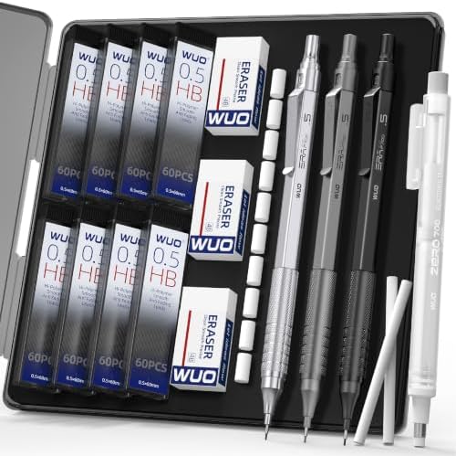 WUO 0.5mm Mechanical Pencil Set, 3 Pack Metal Drafting Pencils