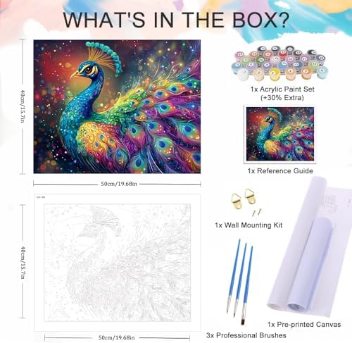 Natuyalo DIY Paint by Numbers for Adults Beginner Colorful Peacock Paint by Number Kits on Canvas Animals Acrylic Painting by Numbers with Brushes Art Crafts for Home 16x20 Inch