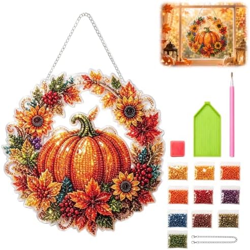 Autumn Harvest Pumpkin Diamond Art Hanging Ornament Kit, Halloween Diamond Art Hanging Kits, DIY Diamond Art Hanging Sign, Acrylic Diamond Painting Window Hanging Decor for Home, Garden,Porch,Mantel