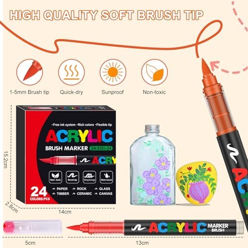 24 Colors Soft Brush Tip Acrylic Markers Set, Paint Pens for Rock, Wood, Fabric, Canvas, Glass, DIY Crafts, Waterproof Paint Markers, Vibrant Acrylic Pens for Artists and Art Projects