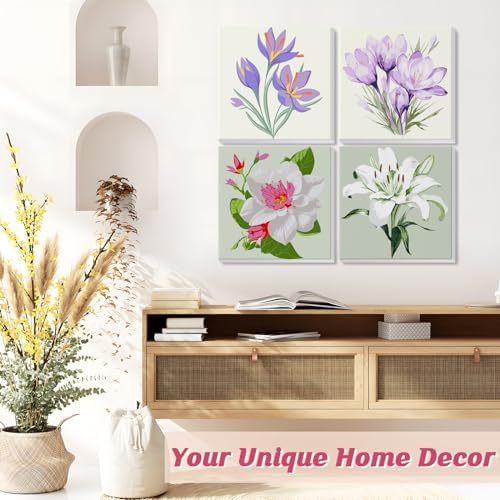 Flowers Paint by Number for Adults Beginners and Kids, 4 Pack DIY Adult Paint by Number Kits on Canvas Framed, Color by Numbers Acrylic Oil Painting Number Kits Crafts for Home Wall Decor 8x8inch