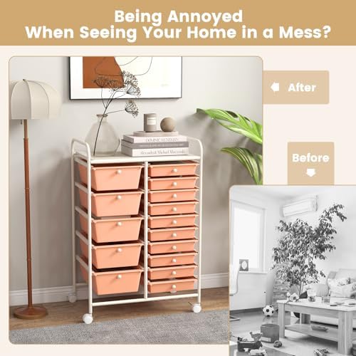 GOFLAME 15-Drawer Rolling Storage Cart, Craft Storage Cart with Removable Drawers & Lockable Wheels, Art Cart Supply Storage Organizer for Home Office Classroom, Peach Fuzz