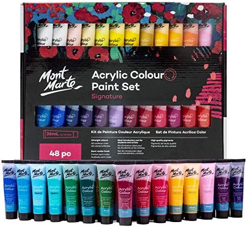 Mont Marte Acrylic Colour Paint Set Signature 48pc x 1.21 US fl.oz (36ml), Acrylic Paint Kit Ideal for Canvas, Wood, Air Dried Clay, Cardboard and More, Great Beginner Acrylic Paint Set, Includes 48 Colors