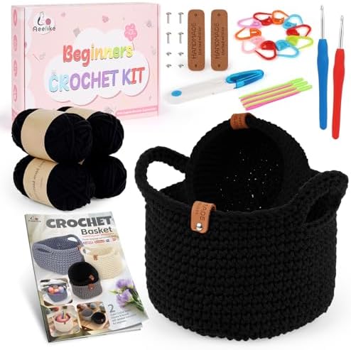 Aeelike Crochet Basket Kit for Beginner,Black Round Basket,Gift Box Package