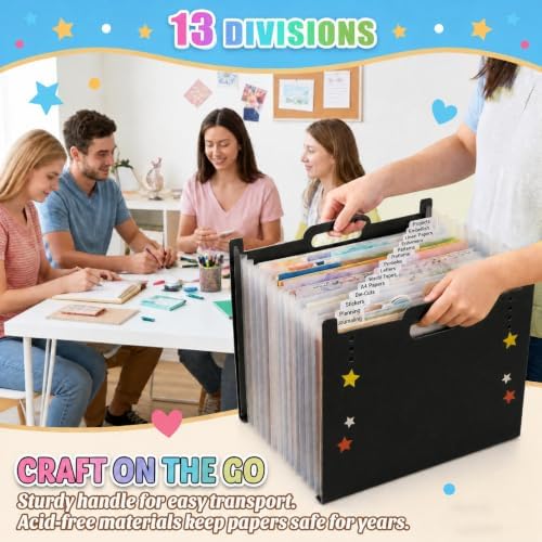 12x12 Scrapbook Paper Storage Organizer, Expandable 13 Pocket Desktop Paper Organizer Storage for Scrapbook Essentials, Large Scrapbook Storage for Photos, Washi Tape, Sticker (Black)