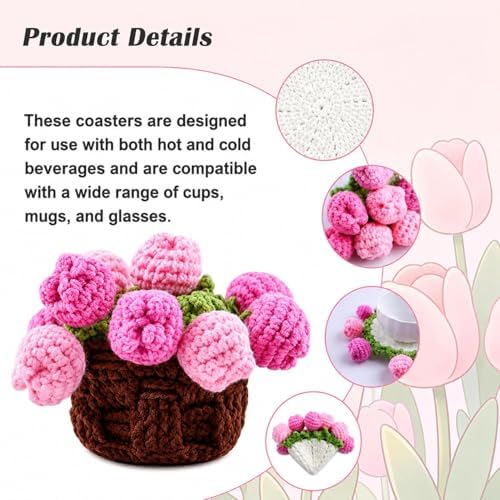 Yarniss Beginners Crochet Kit, Tulip Flower Coaster Set w/Video Guide