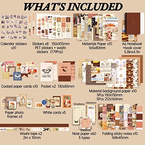 LCLAIDYDY 348 PCS Vintage Scrapbook Kit with A6 Grid Notebook, Bullet Junk Journals, DIY Gift Aesthetic Journaling Supplies for Teen Girl Women