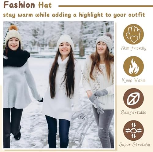 Syhood Hat Knit Set with Yarn Bamboo Needle Pom,White, Khaki White, Khaki