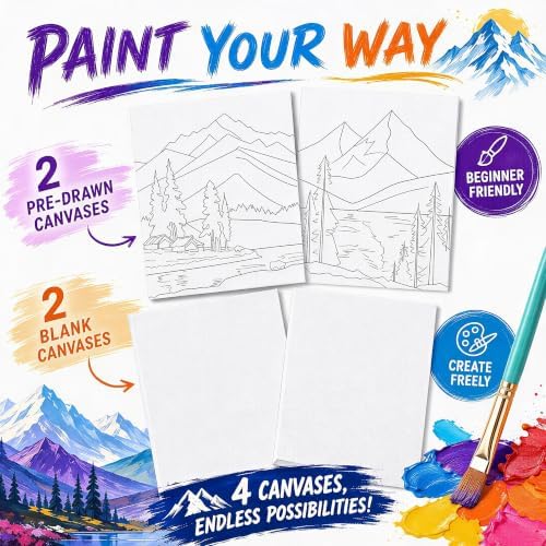 QUANWAISJ Sip and Paint Kit for Adults, Pre Drawn Canvas for Painting for Adults, 2 Pack Canvas Painting Kit, Paint Party Kit, Date Night Activities for Couples（Mountain Landscape ）