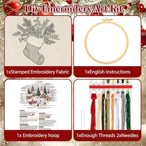 RUIQLXHANG Christmas Embroidery Kit, Christmas Gnomes Embroidery Kits for Beginners with Pattern, Cotton Threads, Needles, Instruction, 20cm Hoop, Gift for Mom, Grandma (Stocking Stuffer)