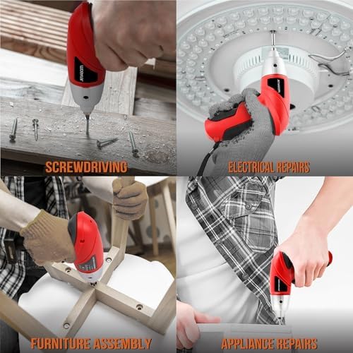 Hi-Spec 3.6V USB Small Power Screwdriver & Home DIY Tool Kit with Case, Red | 19pc, fast assembly help, common screw bit selection, LED visibility, compact grip, quick household fixes, organized storage