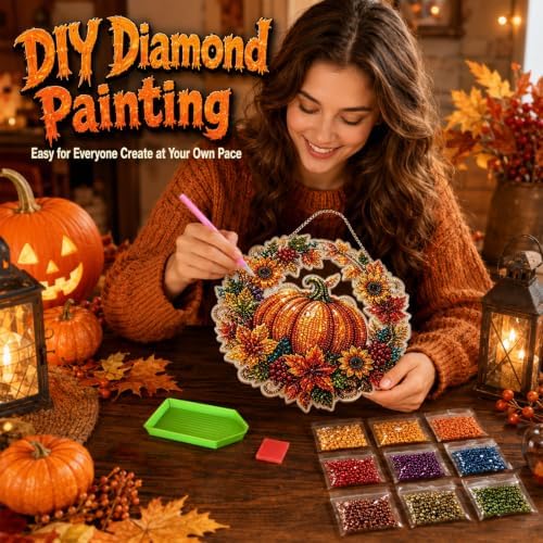 Autumn Harvest Pumpkin Diamond Art Hanging Ornament Kit, Halloween Diamond Art Hanging Kits, DIY Diamond Art Hanging Sign, Acrylic Diamond Painting Window Hanging Decor for Home, Garden,Porch,Mantel