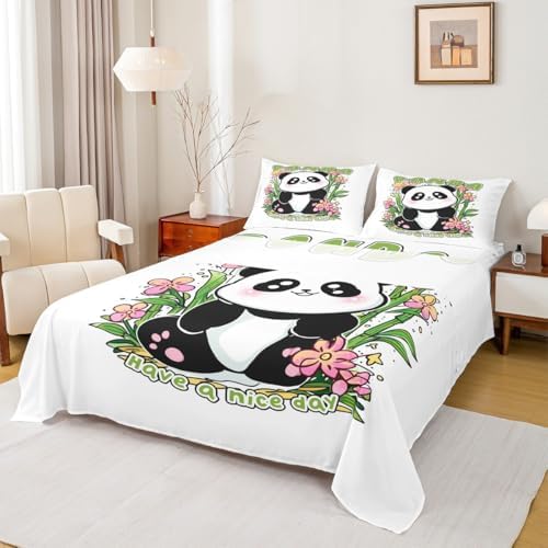 Cartoon Panda Bed Sheet Set King Size Cute Animal Mattress Cover Lively Leaves Flowers Print Sheets for Boys Girls Bedroom White Green with Flat,Fitted Sheet Pillowcase 4Pcs