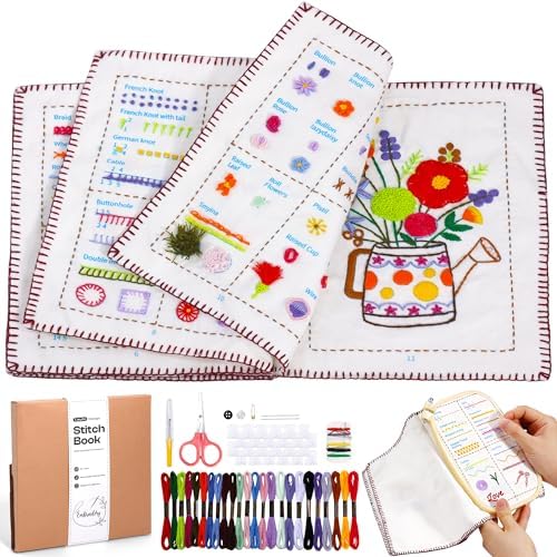 XEmbro Embroidery Stitch Book Kit for Beginners and Sewing Lovers, Portable Embroidery Book Kit with Water-Soluble Pre-Printed Fabric, Square Embroidery Hoop, and Sewing Tool