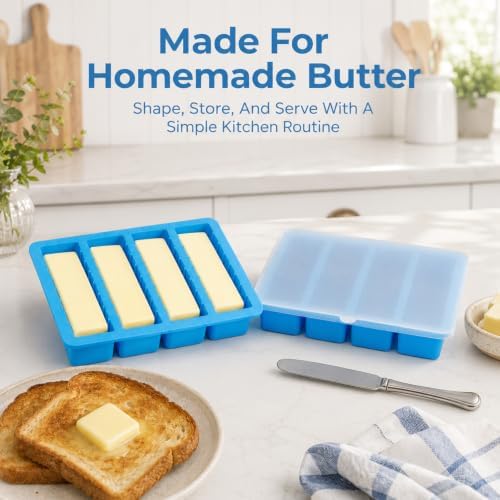 2Pcs Silicone Butter Mold with Lid, Non-Stick Silicone Butter Mold Tray with Scale Marking for Homemade Butter, Standard Size Mold for Soap Bar, Energy Bar, Cake, Chocolate (Blue)