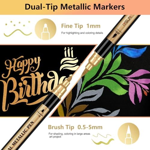 30 Colors Dual Tip Metallic Acrylic Paint Marker pens with Brush & Fine | Paint Marker for Black Paper, Scrapbooking, Photo Album, Rock, Wood, Card Making, DIY Arts & Crafts, Scrapbook Supplies