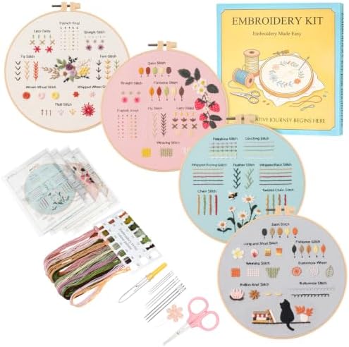 Dadanism Embroidery Kit for Beginners, 4 Pack Starter Embroidery Kits