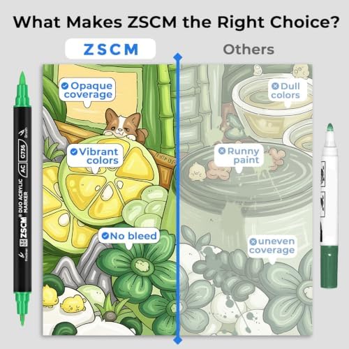 ZSCM 12 Green Acrylic Paint Markers, Dual Fine & Brush Tip Acrylic Pens