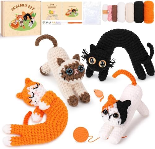 Crochet Kit for Beginners - 4 PCs Cat Crochet Kits with Step-by-Step Video Tutorials, Beginner Crochet Kit for Adults Kids, Learn to Crochet Animal Kit, Creative Crochet Gift for Cat Lovers