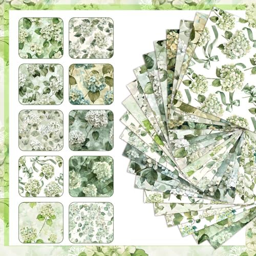 HunnmingRe 20 Pcs 10''x10'' Sage Green Hydrangea Quilting Fabric Square Greenery Flower Precuts Quilted Fabric Bundle Bow Leaves Printed Sewing Material for Patchwork Strips Spring DIY Sewing Crafts
