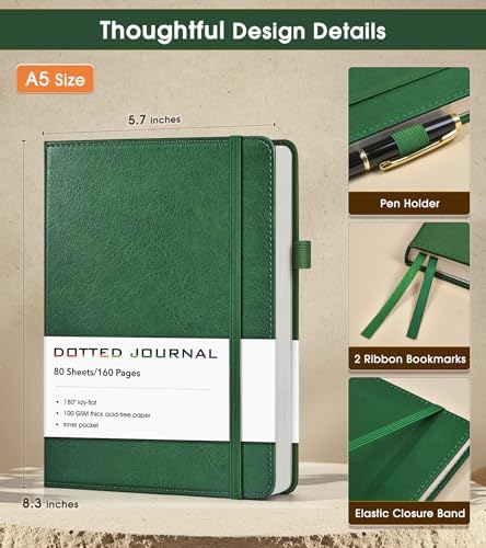 Dotted Journal Notebook, A5 Leather Hardcover, 160 Pages, 180° Lay-Flat Binding, 100 GSM Thick Paper, Dot Grid for Bullet Journaling, Planning & Daily Organization (Green)