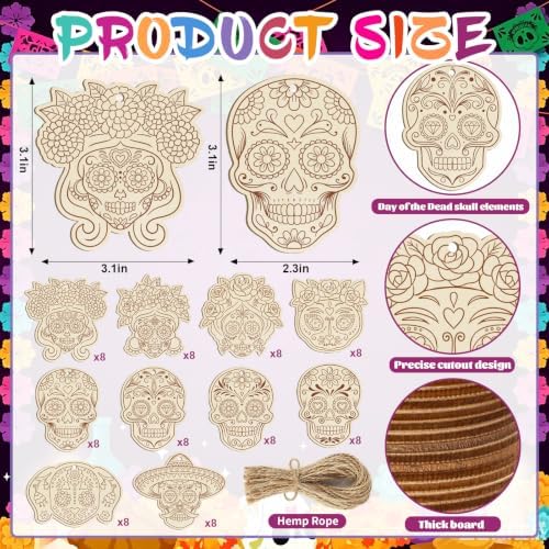 80PCS Wooden Day of The Dead Skull Ornaments to Paint Dia De Los Muertos Decorations Crafts for Kids, Halloween Decorations DIY Blank Sugar Skull Unfinished Mexican Fiesta Cutouts for Party Hanging