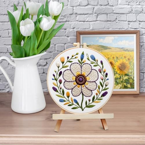 ERKOON Embroidery Kit for Beginners Adult, Cross Stitch Set Include Embroidery Cloth Hoop Threads for Craft Lover Hand Stitch with Embroidery Skill Techniques (Flower)