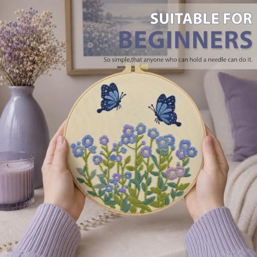 ElasignShopo Flower Embroidery Kit for Beginners Adults, Easy Cross Stitch Kit Forget Me Not Floral Pattern Embroidery Starter Kits Spring Summer with Wooden Hoop Needles Threads and Instruction